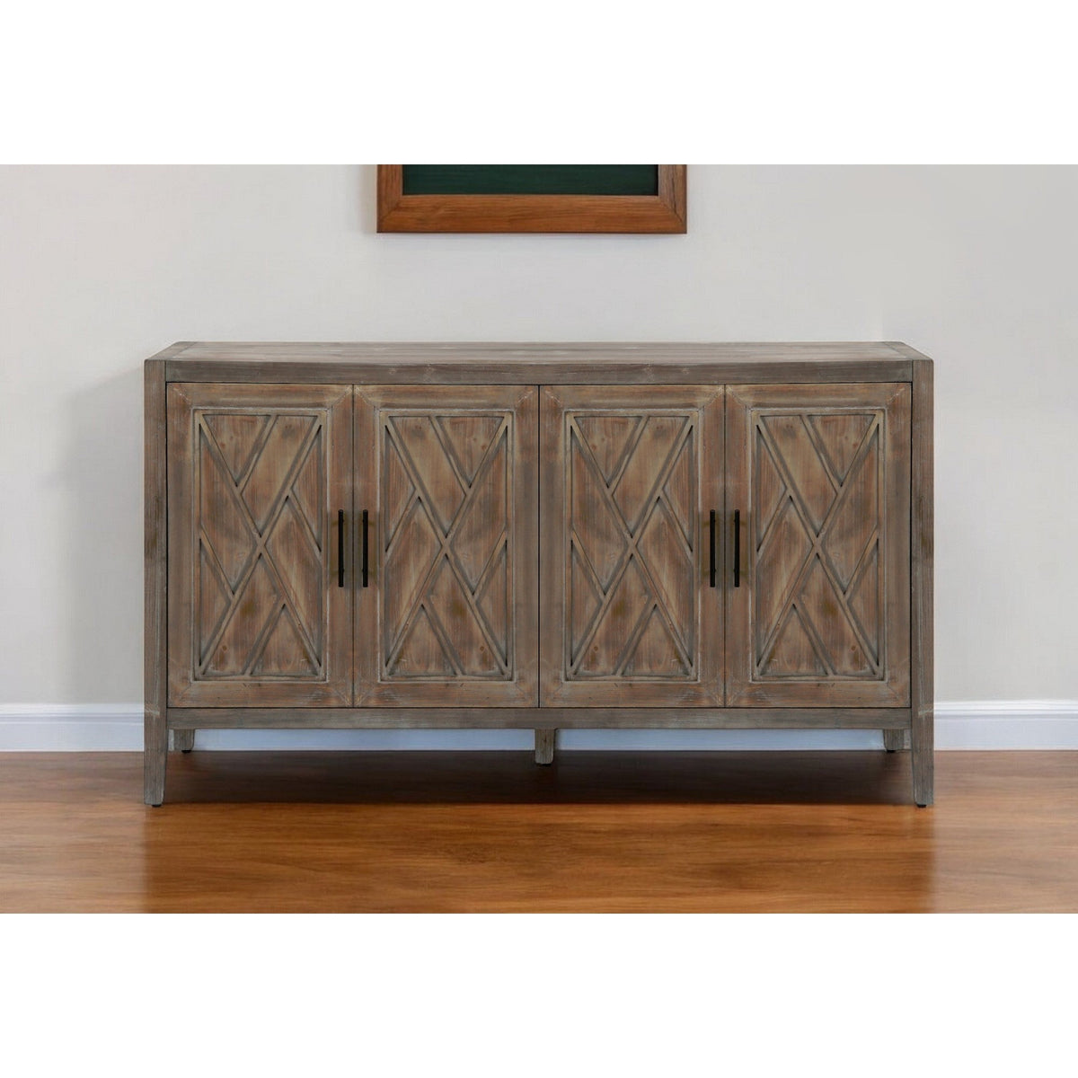 HMS 60\" Natural and Brown Distressed Geometric Carved Sideboard with Four Doors Elegant Living Room Cabinets