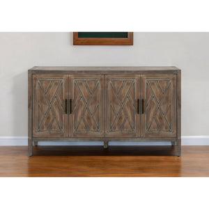 HMS 60\" Natural and Brown Distressed Geometric Carved Sideboard with Four Doors Elegant Living Room Cabinets