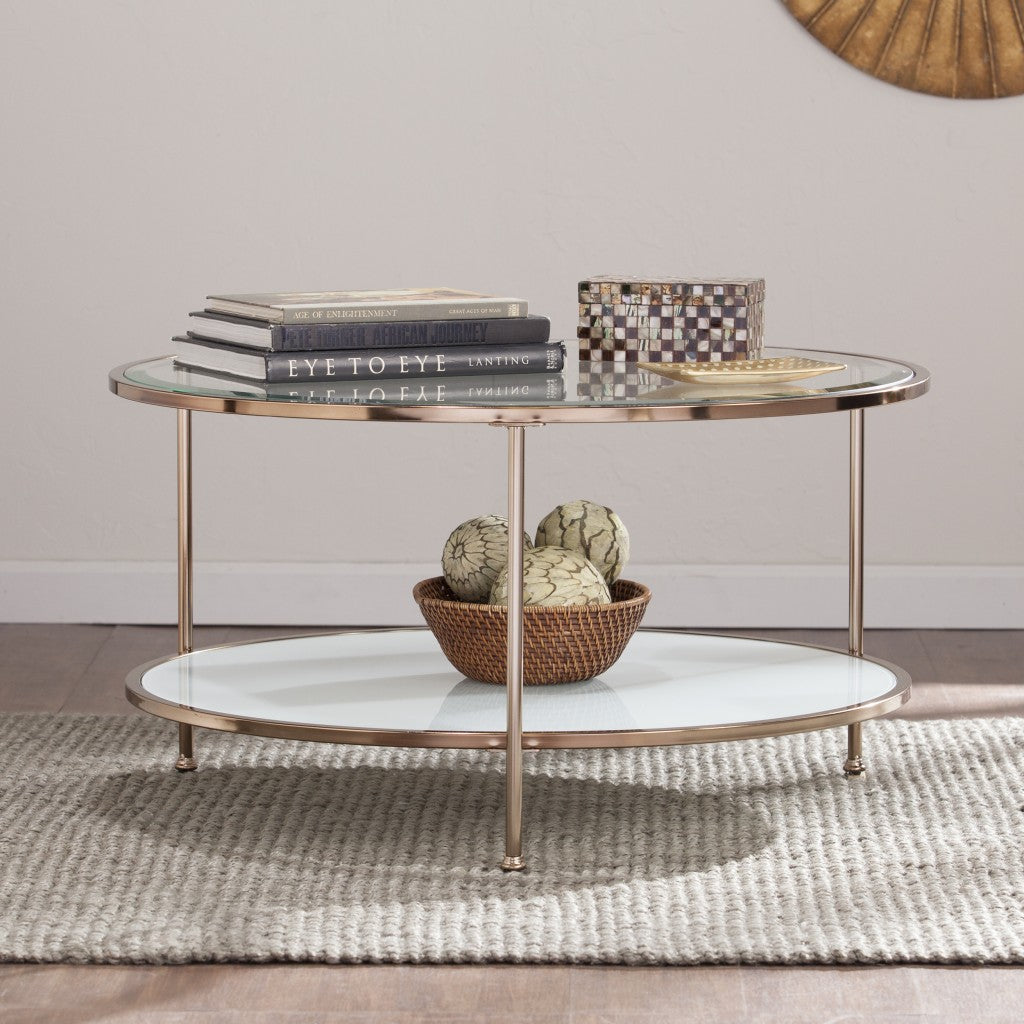 HMS 34\" Clear and Gold Round Coffee Table with Iron Elegant Glass Design