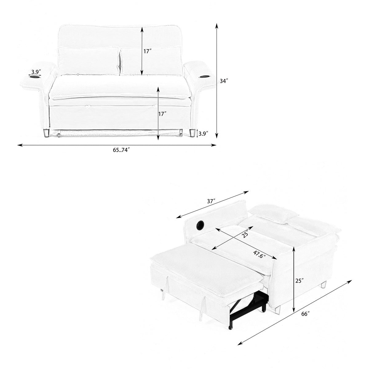 Adjustable Armrests and Backrests 65.74-Inch  Striped Fabric Multi-Functional Sofa Bed for Bedrooms and Living Rooms