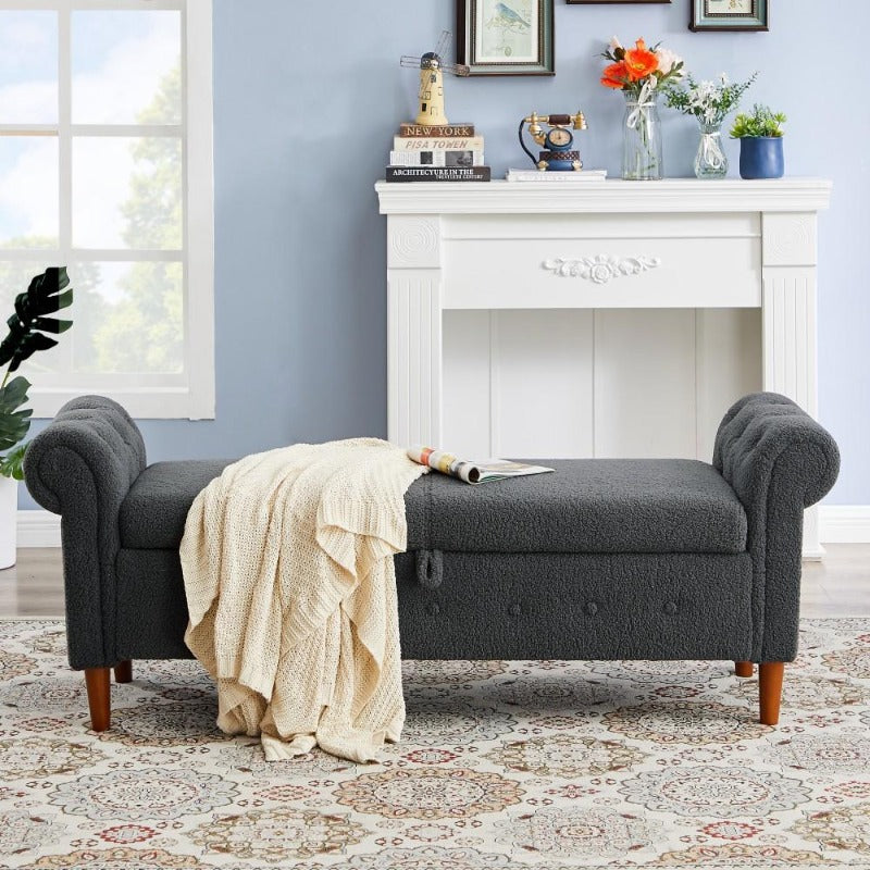 Grey Teddy Velvet Multifunctional Storage Rectangular Sofa Stool
