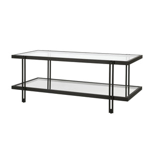 HMS 45 Modern Simple Black Glass and Steel Coffee Table with Shelf Tempered Glass Farmhouse Style for Living Room