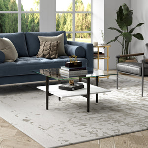 HMS 32\" White and Black Glass and Steel Square Coffee Table with Shelf