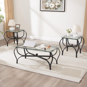 3-Piece Tempered Glass Coffee Table Set White Icon with 1 Coffee Table & 2 End Side Table for Living Room