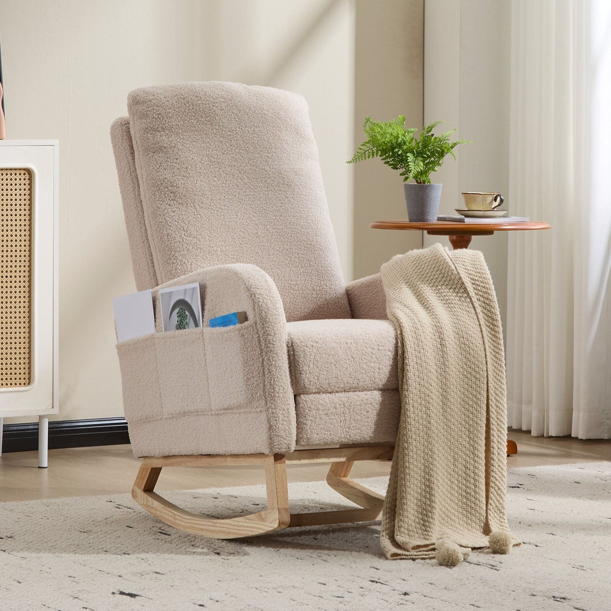 Modern Accent High Backrest Rocking Chair Solid Wood Legs Beige Teddy Upholstered Nursery Glider Rocker Comfy Living Room