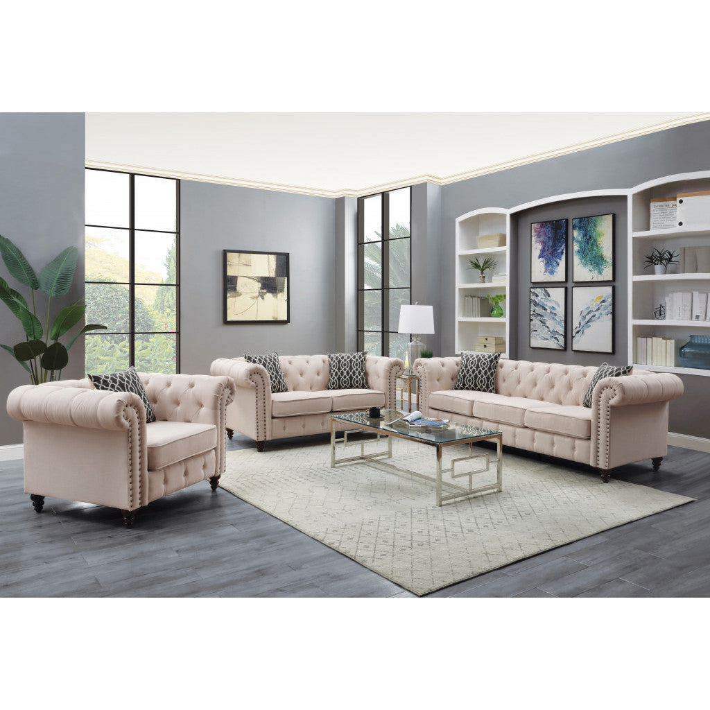 HMS 45 Beige and Black Linen Tufted Chesterfield Chair with Toss Pillow Elegant Living Room Furniture