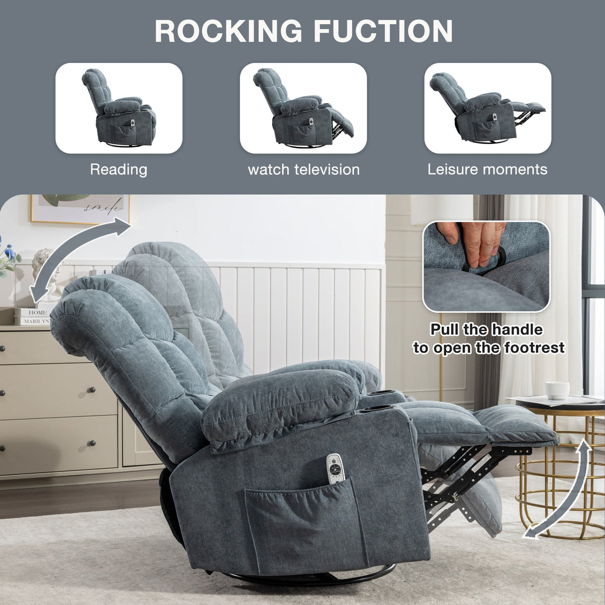 Oversized 2-Cup Holders USB Charge Port Modern Soft Features Manual Massage Heat Grey Blue Rocking Chair for Adults for Massage