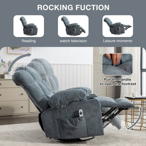 Oversized 2-Cup Holders USB Charge Port Modern Soft Features Manual Massage Heat Grey Blue Rocking Chair for Adults for Massage