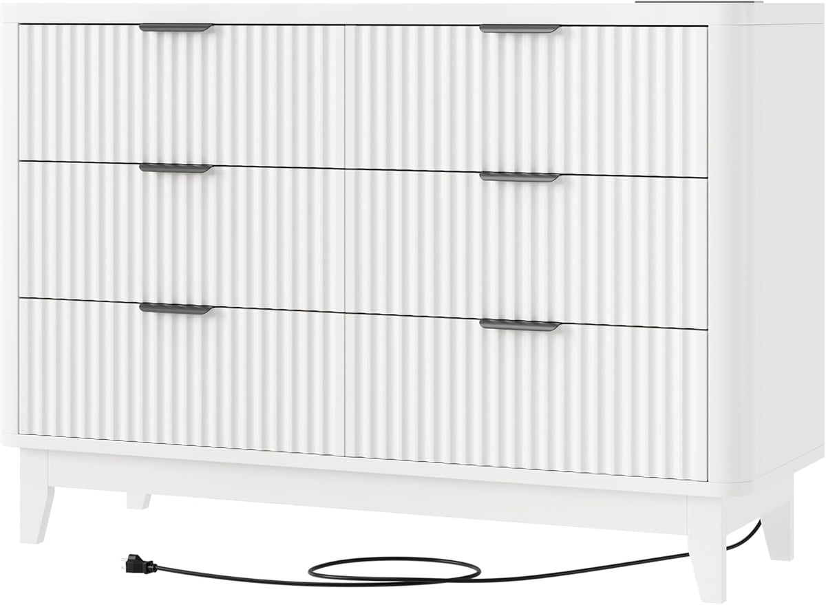 Modern Natural Oak Fluted 6-Drawer Dresser Power Outlet Curved Profile Design for Bedroom Clothing Storage TV Stand Closet