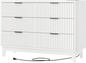 Modern Natural Oak Fluted 6-Drawer Dresser Power Outlet Curved Profile Design for Bedroom Clothing Storage TV Stand Closet