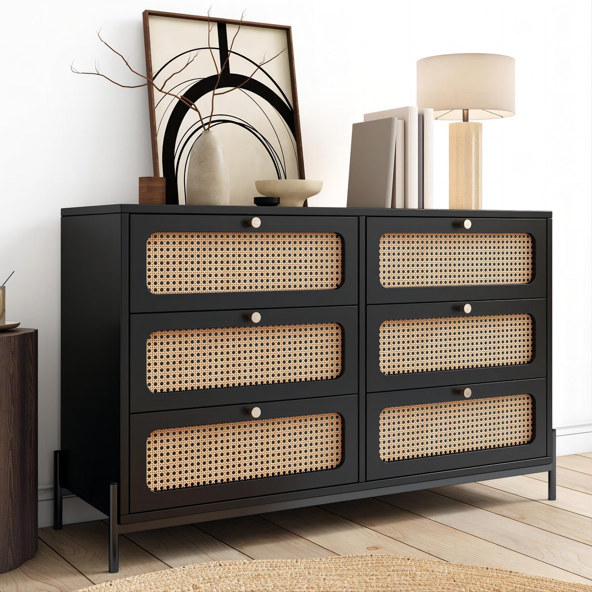 Solid Black Wooden Furniture for Living Room Table Top Rattan Wood Cabinet Closet for Farmhouse Hotel Hall Entry