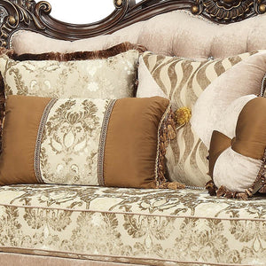 HMS 70 Beige and Brown Chesterfield Loveseat Set Genuine Leather 2-Seater with Toss Pillows for Living Room
