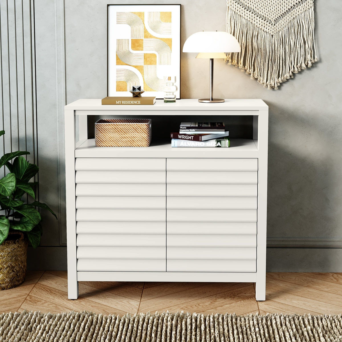 Accent Cabinet Louver Design 2-Door White Sideboard Buffet Open Shelf Decorative Credenza for Entryway Living Room Kitchen