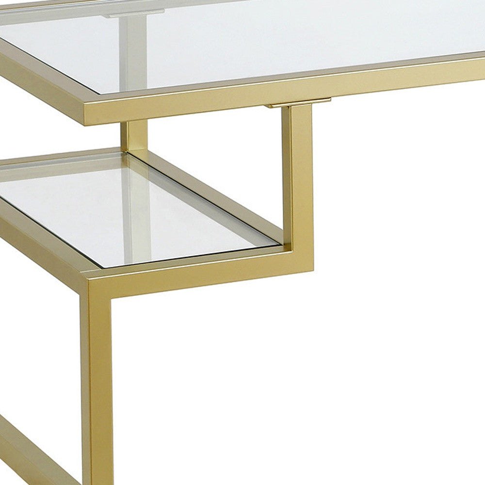 HMS 45\" Gold Glass and Steel Coffee Table for Living Room Rectangular Tempered Glass Top with Two Shelves
