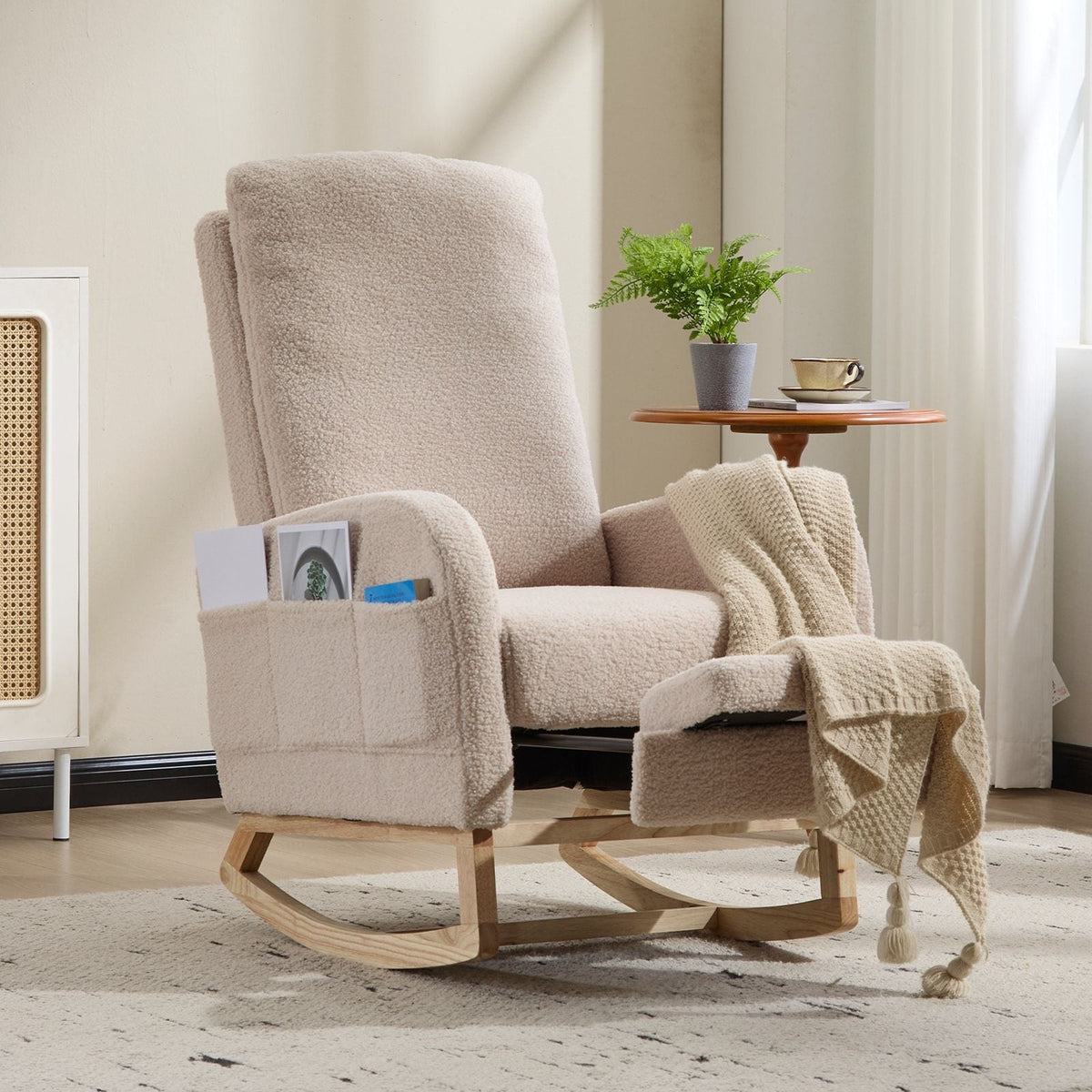 Modern Accent High Backrest Rocking Chair Solid Wood Legs Beige Teddy Upholstered Nursery Glider Rocker Comfy Living Room