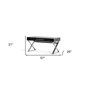 HMS 57 Black and Silver Coffee Table with Cross Legs Wood and Stainless Steel Featuring Three Drawers