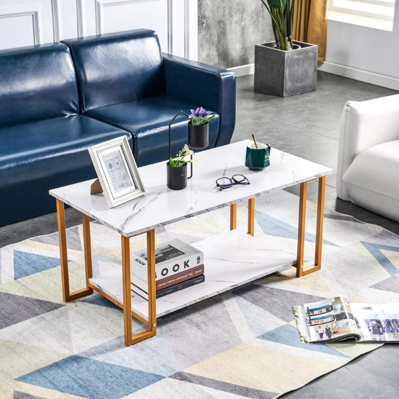D&N Coffee Table, 2 Layers 1.5cm Thick Marble MDF Rectangle 39.37" L Tabletop Iron Coffee Table , Dining Room