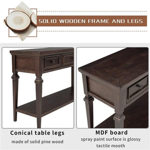 Classic Retro Style Espresso Console Table with Three Top Drawers and Open Bottom Shelf Easy Assembly