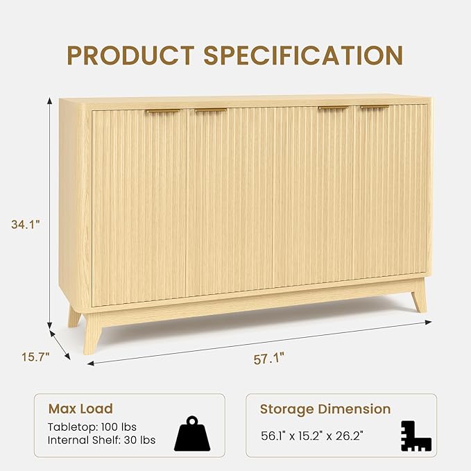 Natural Oak Fluted Sideboard Buffet Cabinet 4-Door Credenza Storage Cabinet Entryway Console Table Accent Coffee Bar