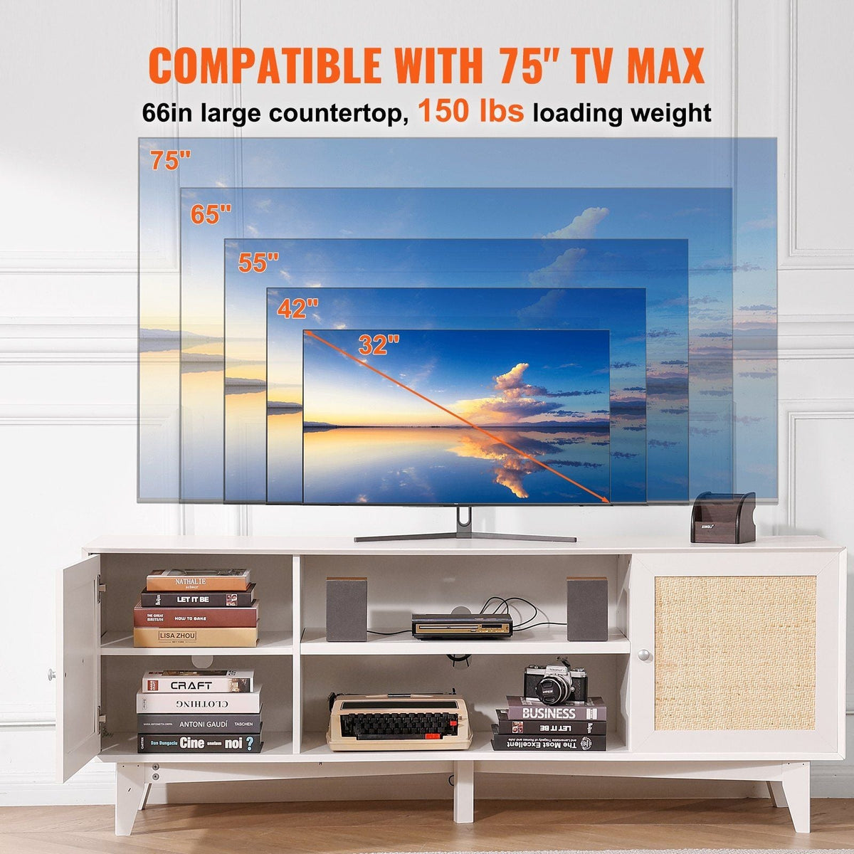 Modern 75in TV Stand Rattan Door 2 Shelves Build-in Socket Storage Cabinet White Entertainment Center for Living Room Media Room