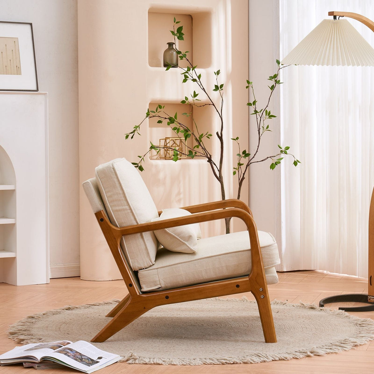 Single Indoor Lounge Chair with Oak Armrests Oak Upholstered Off-White for Living Room