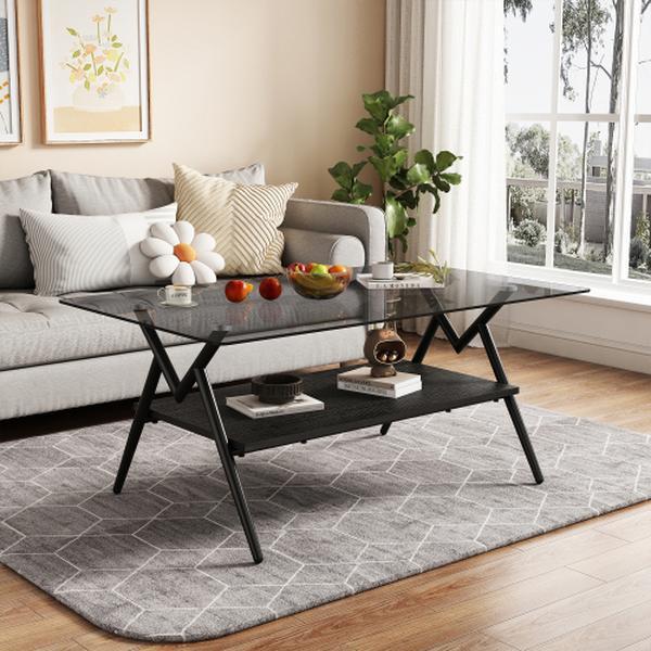 Modern Rectangle Coffee Table Tempered Glass Top Black MDF Shelf Convertible Design for Living Room Entry Scandinavian Style