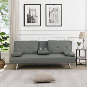 Sofa Bed with Armrest Two Holders WOOD FRAME, STAINLESS LEG, FUTON BROWN PVC,DARK BROWN