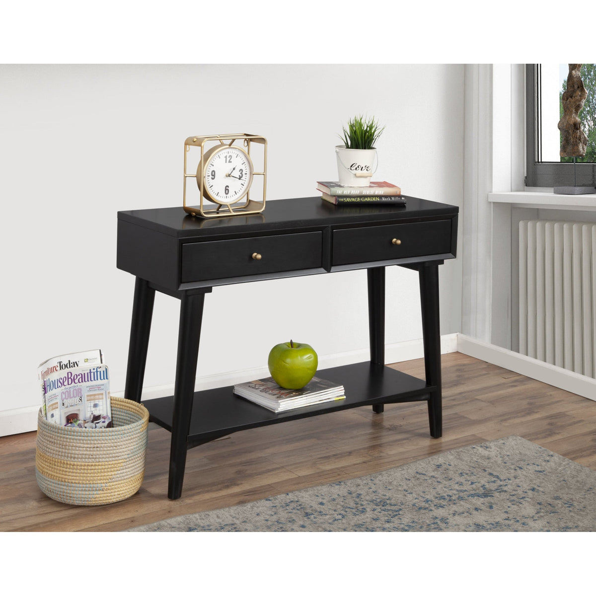 HMS 42\" Black Floor Console Table with Shelves Drawers Versatile Furniture for Entry Living Room Hotel Bedroom Farmhouse
