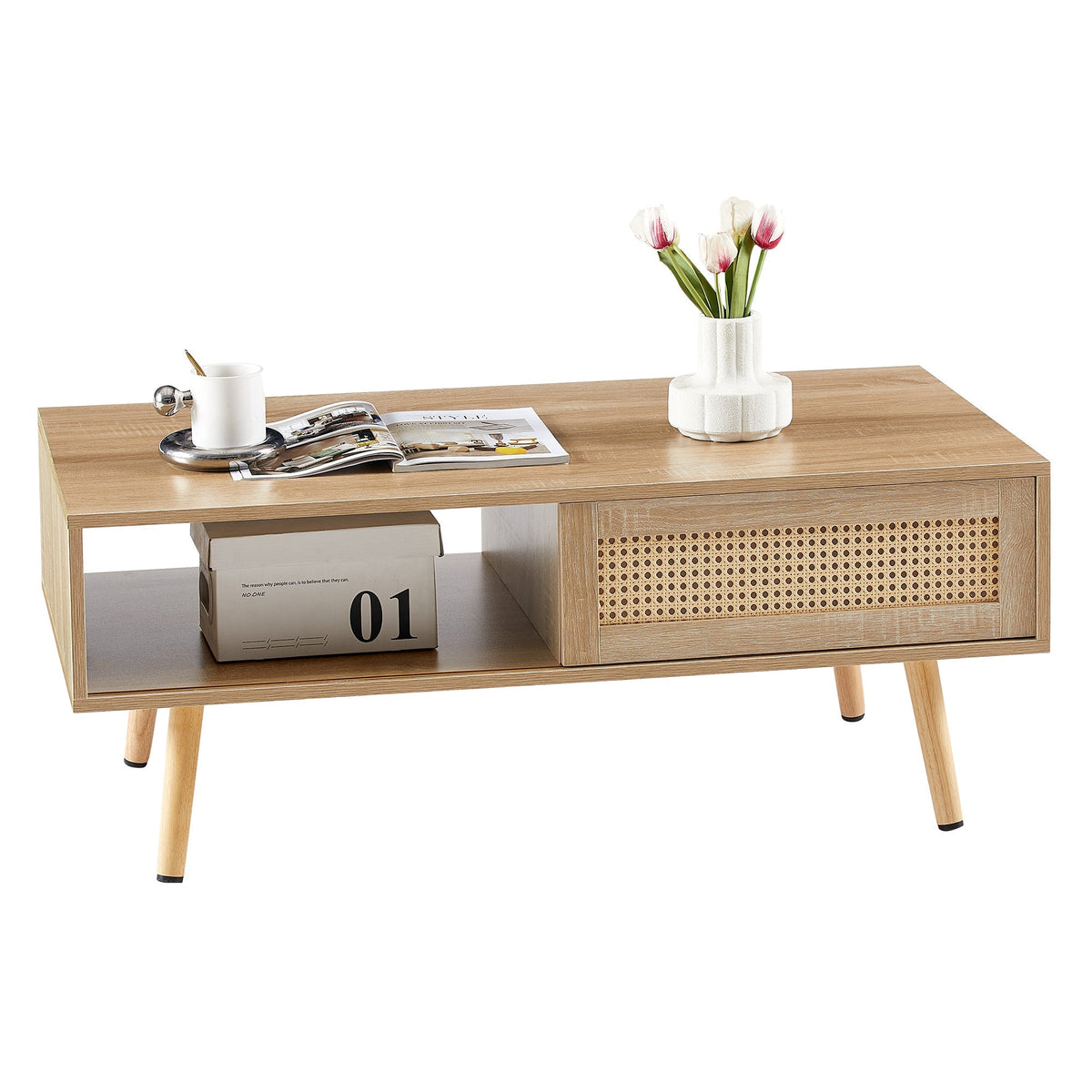 Rattan Coffee Table with Sliding Doors & Open Storage Shelf, Mid-Century Center Table for Small Space, Natural