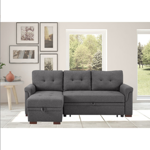 FCJ One-Seater Reversible Linen Sleeper Sectional Sofa Dark Gray with Extendable Storage Chaise for Living Rooms