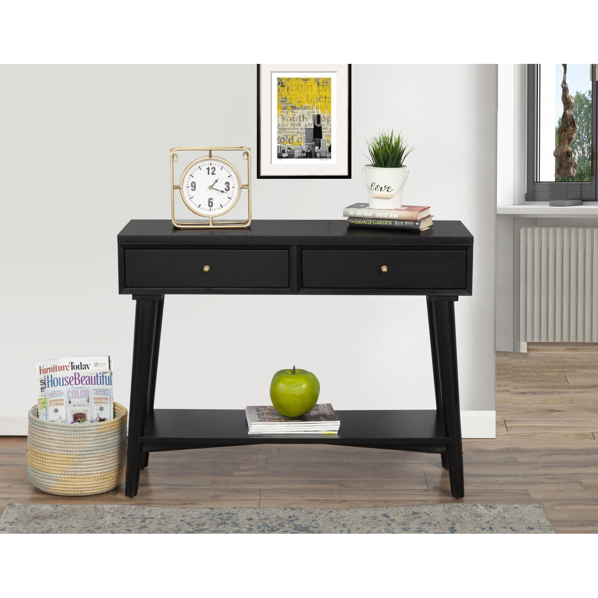 HMS 42\" Black Floor Console Table with Shelves Drawers Versatile Furniture for Entry Living Room Hotel Bedroom Farmhouse