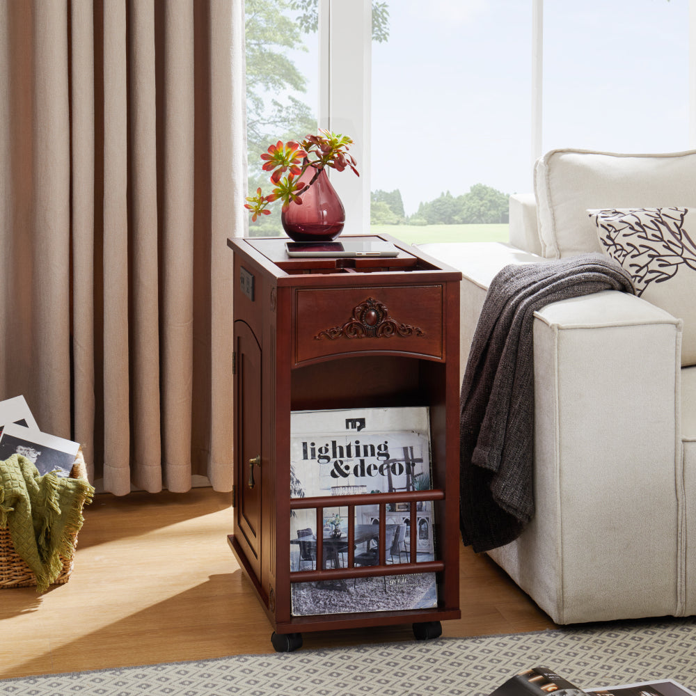 Powered Traditional End Table with Charging Station, Narrow Side Table with USB Ports and Outlets, Nightstand with Storage