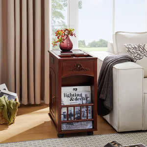 Powered Traditional End Table with Charging Station, Narrow Side Table with USB Ports and Outlets, Nightstand with Storage