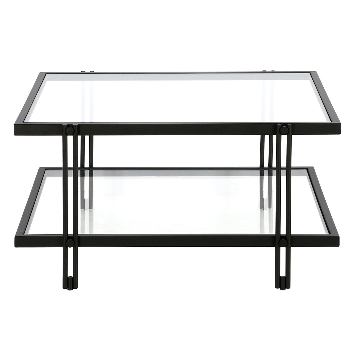 HMS 32\" Clear and Black Glass and Steel Square Coffee Table with Shelf
