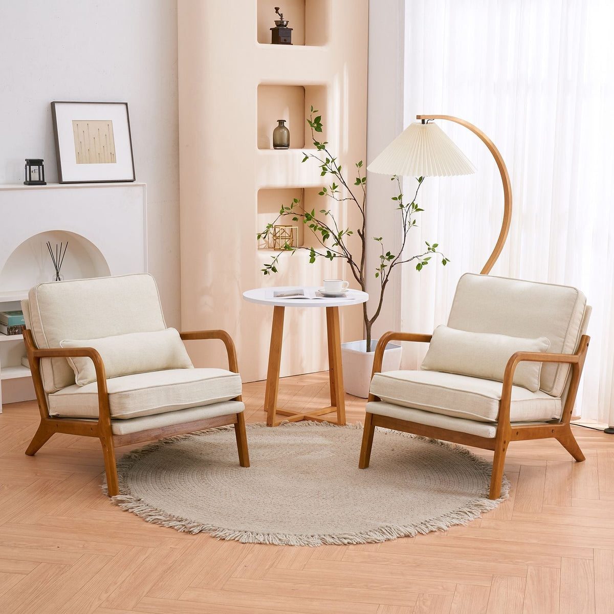 Single Indoor Lounge Chair with Oak Armrests Oak Upholstered Off-White for Living Room