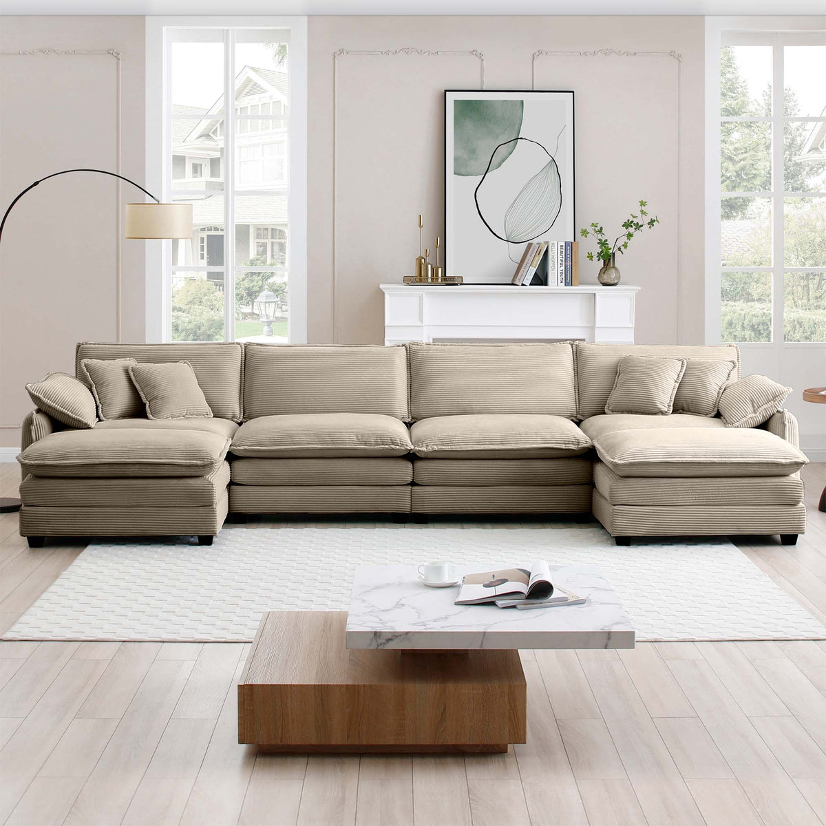 Modern 4-Seater U-Shape Corduroy Sofa Premium Soft Fabric with 2 Ottomans for Living Room