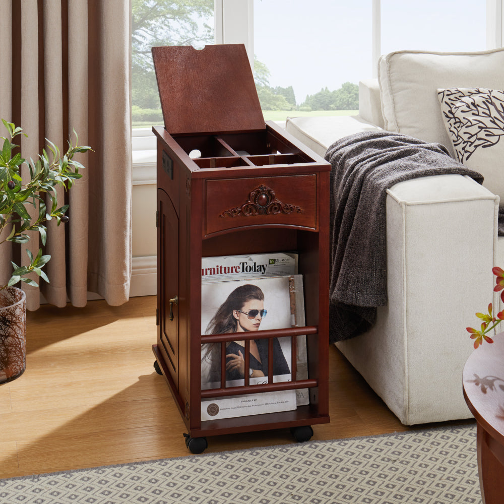 Powered Traditional End Table with Charging Station, Narrow Side Table with USB Ports and Outlets, Nightstand with Storage