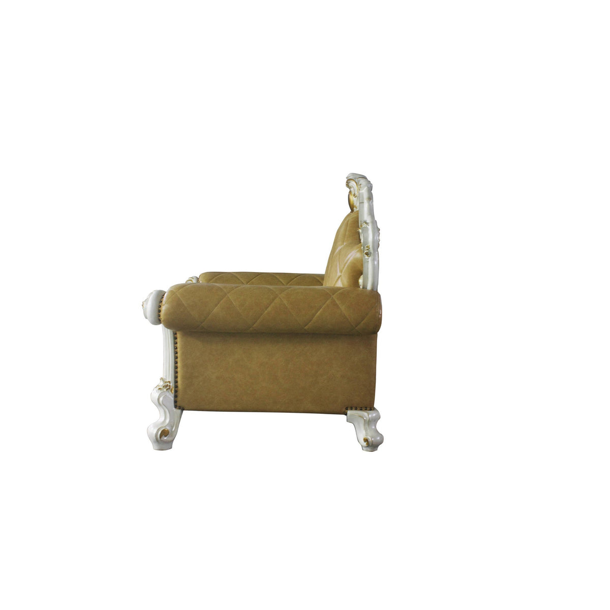 HMS 50 Beige and Pearl Faux Leather Tufted Arm Chair with Toss Pillow Elegant Living Room Furniture