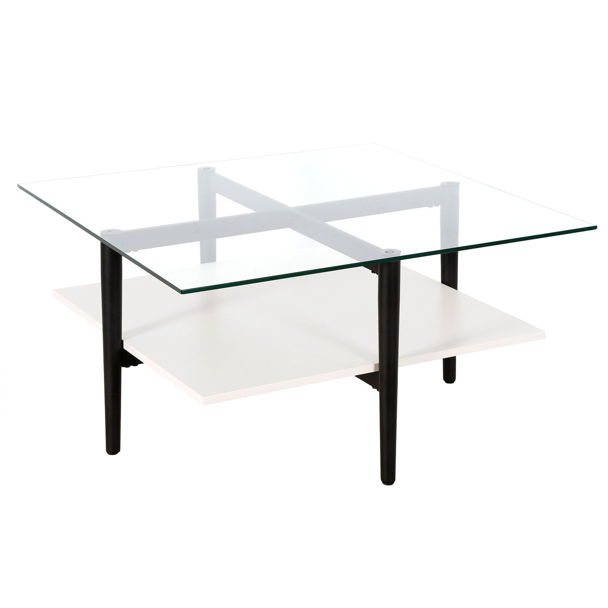 HMS 32\" White and Black Glass and Steel Square Coffee Table with Shelf