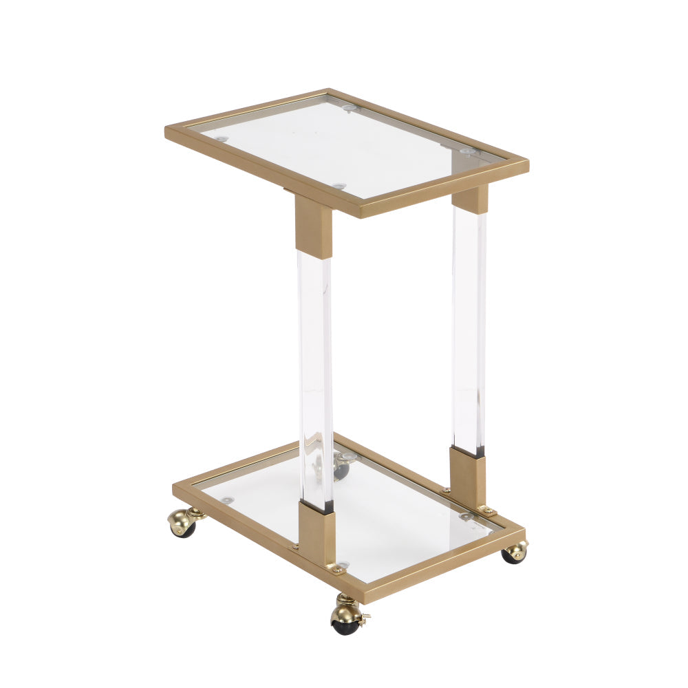 Golden Side Table, Acrylic Sofa Table, Glass Top C Shape Square Table with Metal Base for Living Room