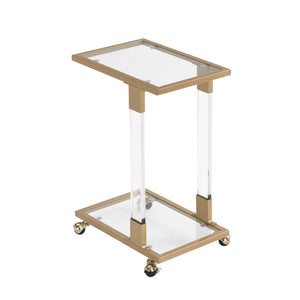 Golden Side Table, Acrylic Sofa Table, Glass Top C Shape Square Table with Metal Base for Living Room