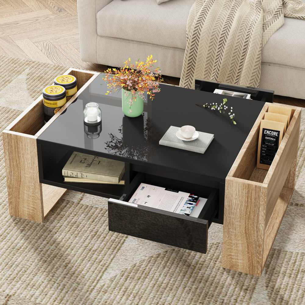 High Glossy Coffee Table with 2 Drawers, Practical Two Tone Center Table with Hidden Compartments, Rectangle Cocktail Table