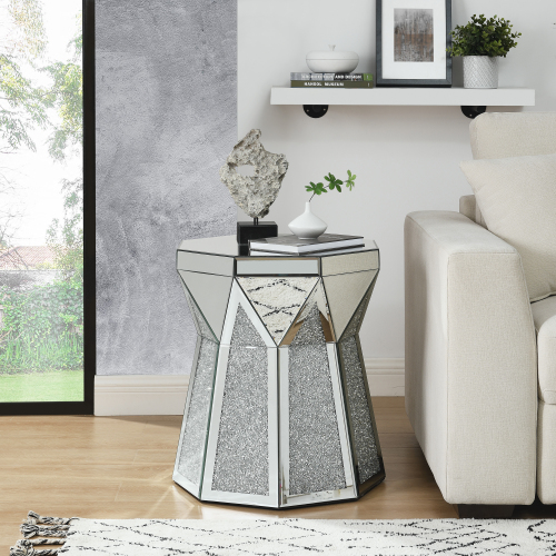 Modern Luxury 20 Inch Silver Drum Style Coffee Table with Mirror Crystal Inlay Polygonal Design for Living Room FCJ Furniture