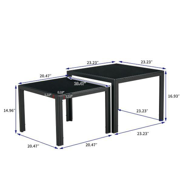 Modern Square Nesting Coffee Table Set of 2 Easy-to-assemble Mango Material with Tempered Glass Finish for Living Room Black