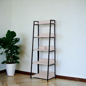 HMS 67 Five Tier Ladder Bookcase in Natural and Black Metal Five Tier Bookcase