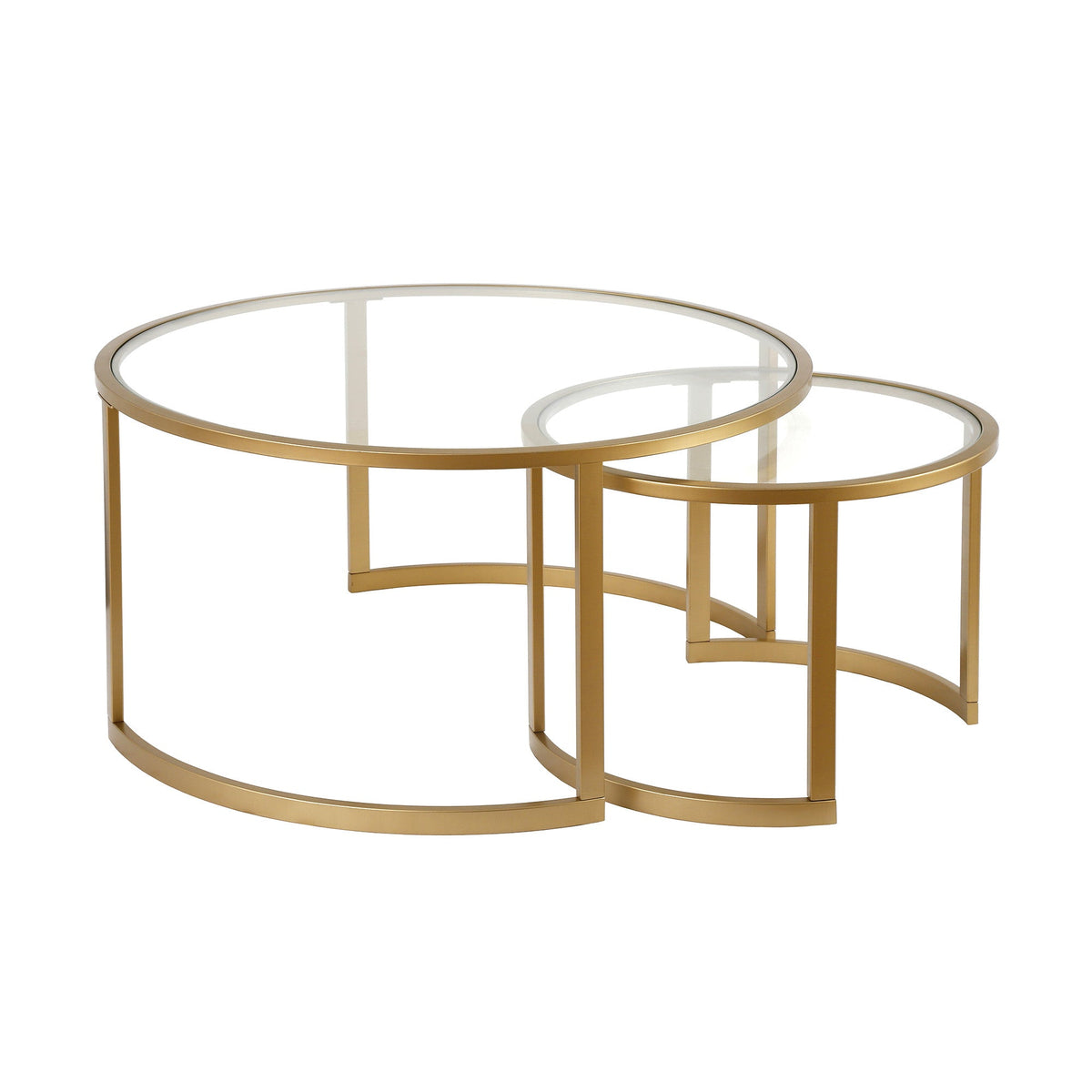 Set of Two Round Gold Glass and Steel Nested Coffee Tables HMS Style