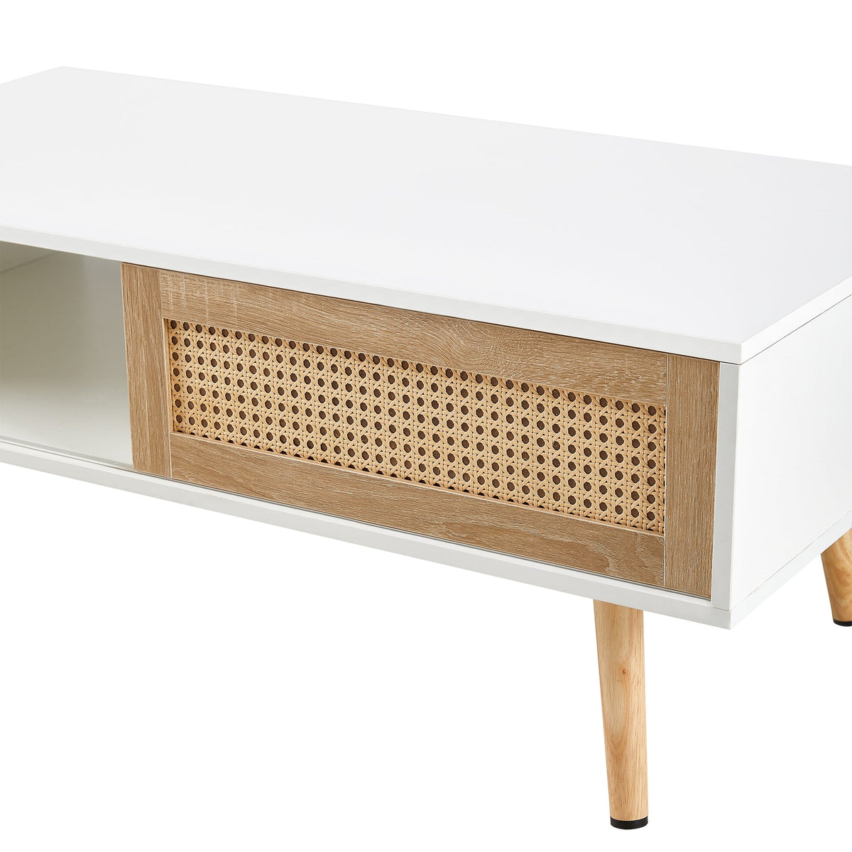 Natural Rattan Coffee  Mid-Century Center Table for Small Space Table with Sliding Doors & Open Storage Shelf