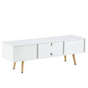 55.12" Rattan TV cabinet, double sliding doors for storage, adjustable shelf, solid wood legs, TV console for living room , Whit