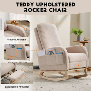 Modern Accent High Backrest Rocking Chair Solid Wood Legs Beige Teddy Upholstered Nursery Glider Rocker Comfy Living Room