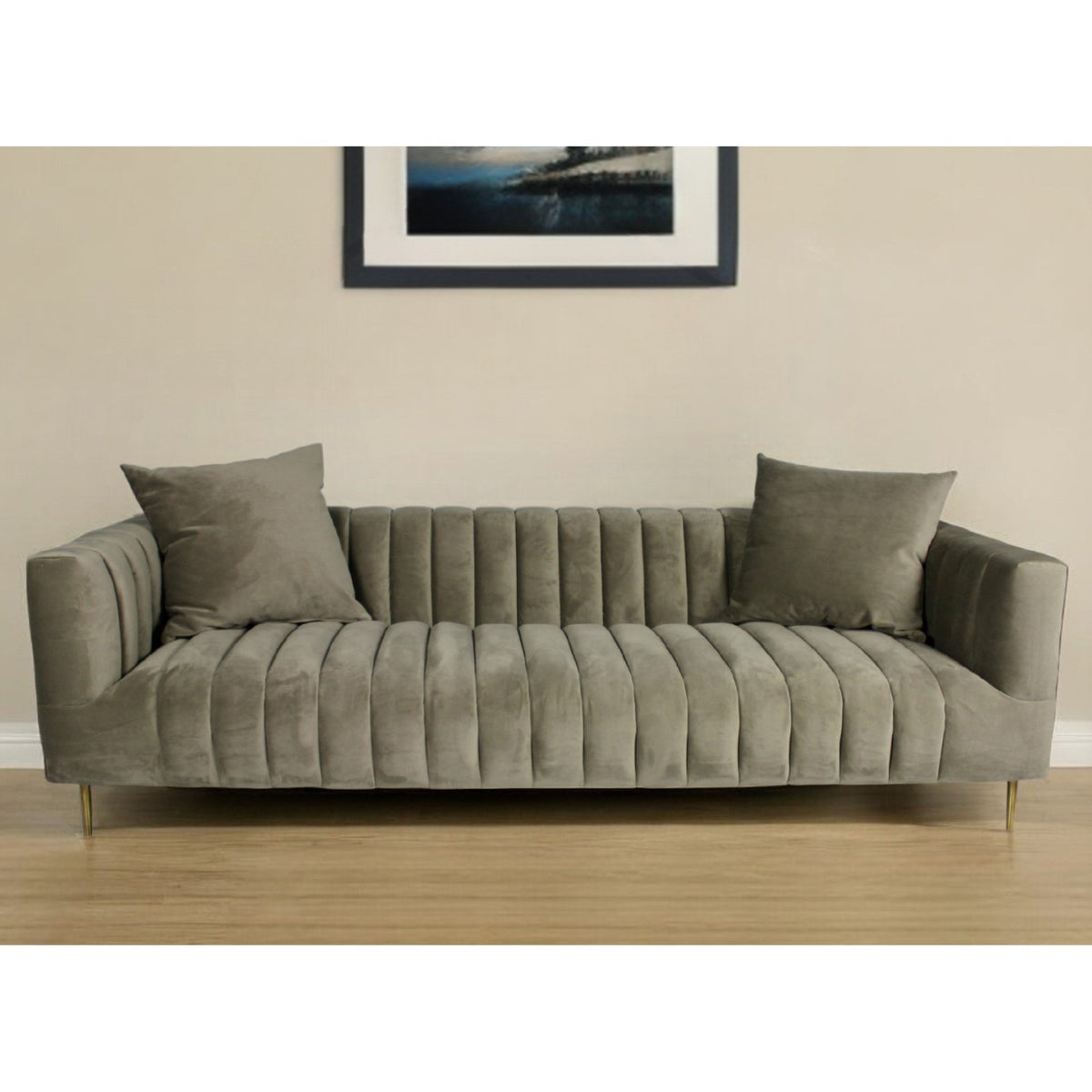 HMS 90 Sectional Sofa and Gold-Legged Toss Pillows Gray Brown Velvet with Sponge-Filled Sponge for Living Room Furniture